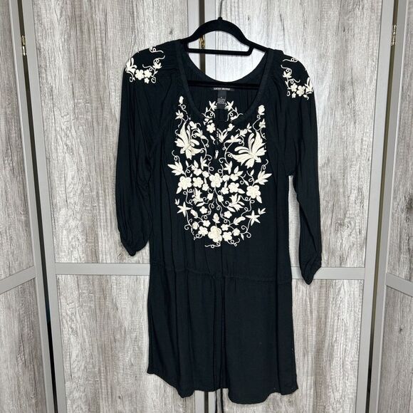 Lucky Brand Mini Dress Tunic Embroidered Bohemian Black and Ivory Size S - Picture 1 of 9